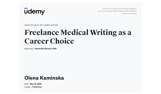 Udemy Certificate - Freelance Medical Writer as a Career Choice