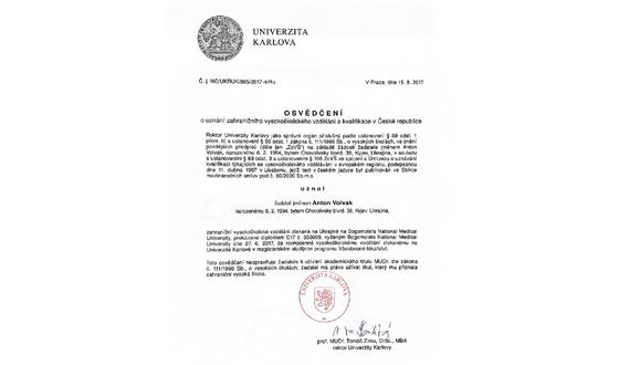 Validation of medical diploma - Charles University in Prague
